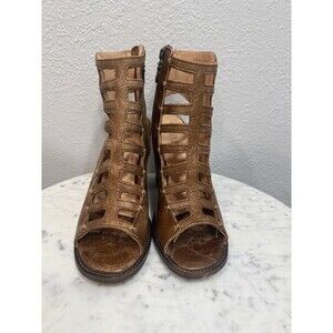 Bed|Stü Women's Gladiator Sandals Brown Leather Peep Toe Booties Zip organic